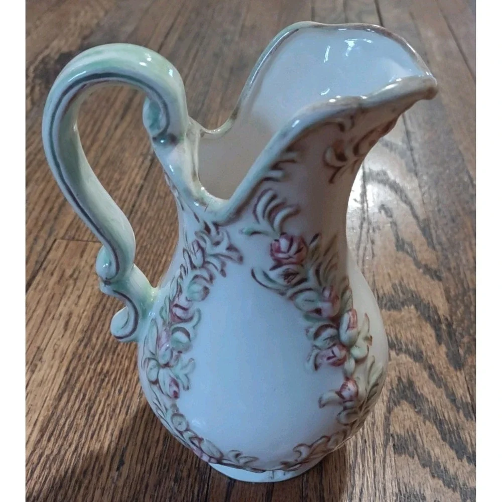 Vintage Ceramic Floral Pitcher Embossed Pink Roses White Bud Vase Creamer